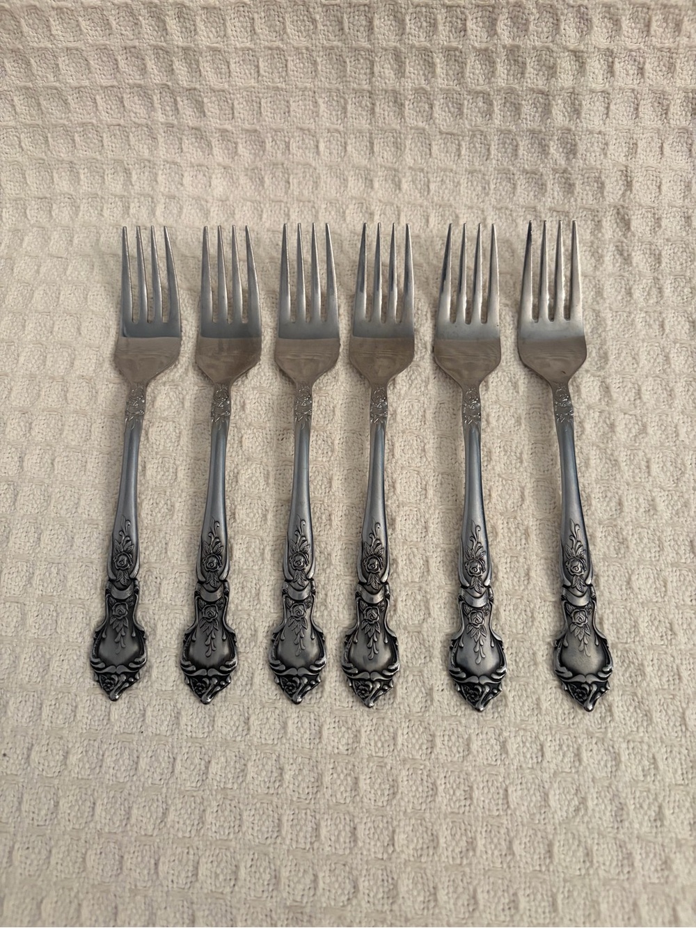 Vintage National Rose & Leaf Pattern  Stainless Dessert Forks (Set of 6) Japan